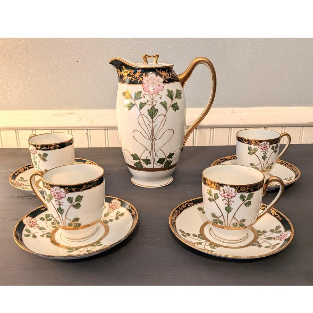 Antique Hand Painted Nippon Chocolate Set Pot 4 Cups Saucers Pink Floral Gold